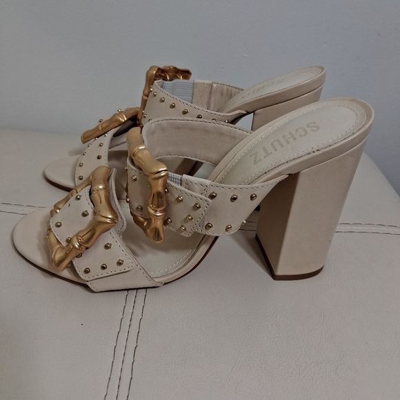 SCHUTZ Enola Cream and Gold Block Heel Sandals Size 7.5B NWOT - Picture 5 of 7